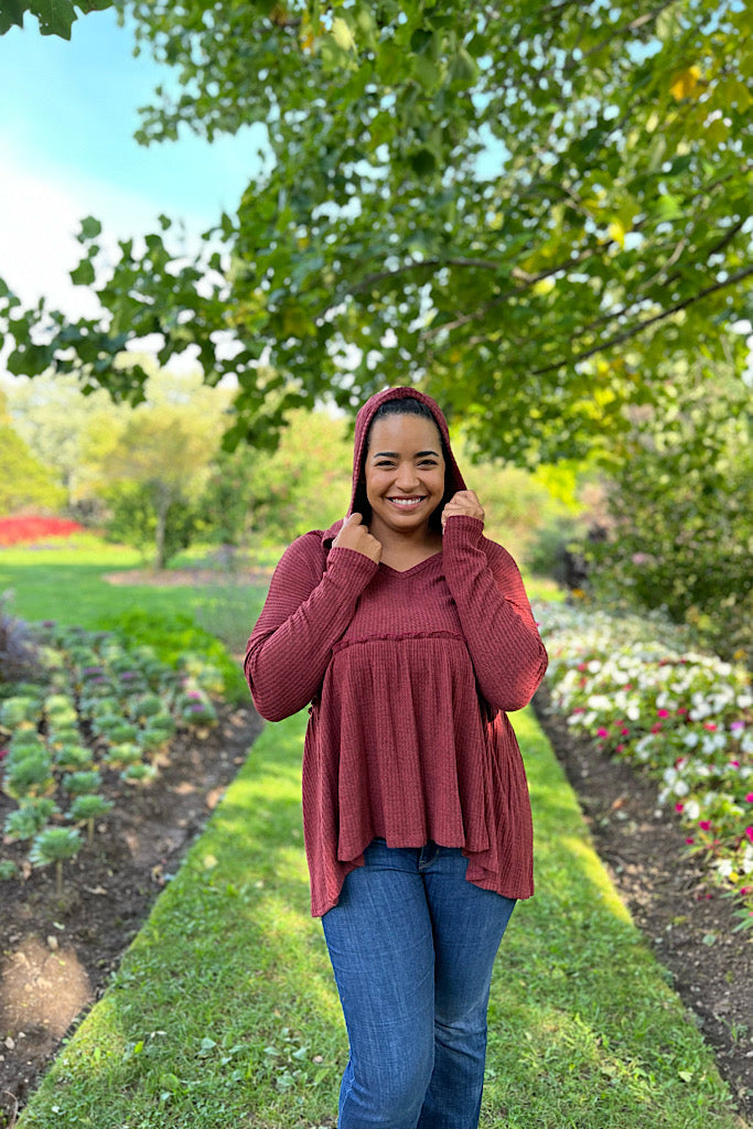 Burgundy Waffle Hooded Peplum Top-Weekend SALE