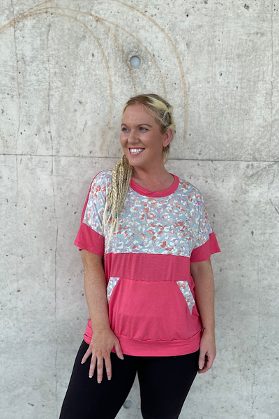 Coral Leopard Kangaroo Pocket Top