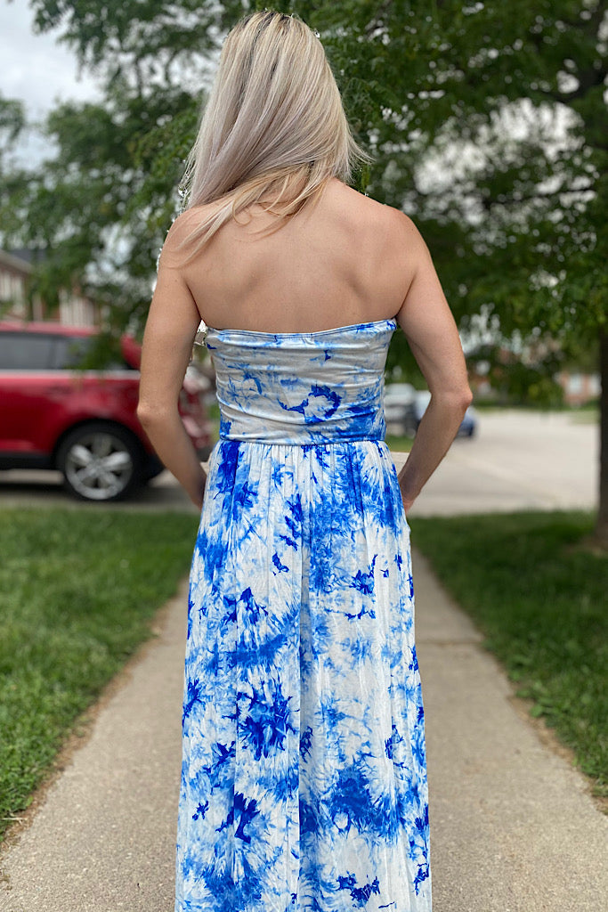 Blue Tie Dye Tube Top Maxi Dress