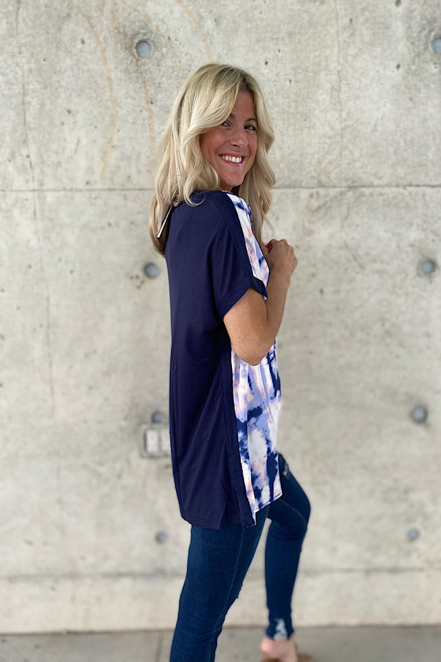 Navy Adventure Tie Dye V-Neck Top