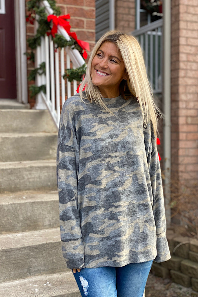 Soft Dreams Camo Green Round Neck Top-New Style