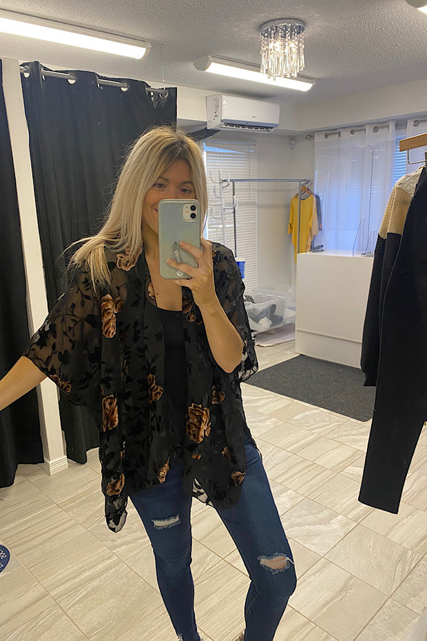 Black Floral Velvet Mix Kimono