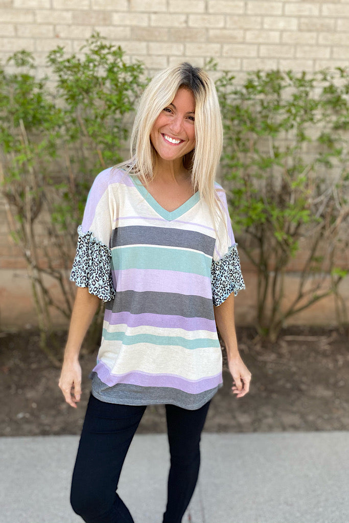 Colour Block Love Ruffled Short Sleeves-SALE