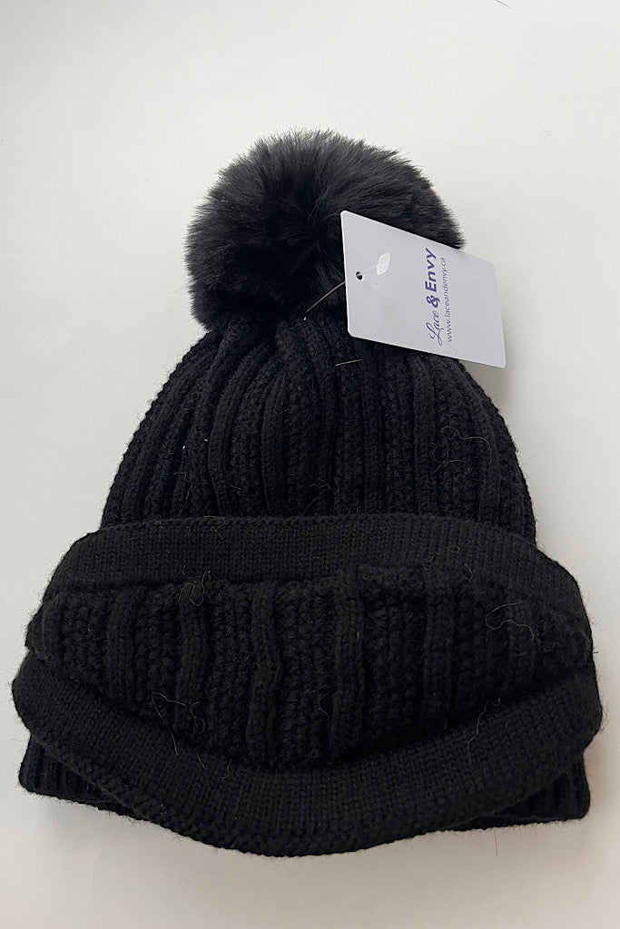 Black Knit PomPom Hat-SALE