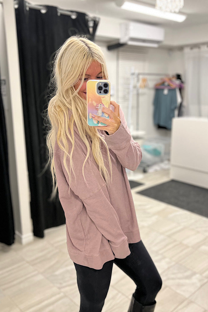 Miranda Cotton Mix Waffle Slouchy Pullover-Dusty Pink