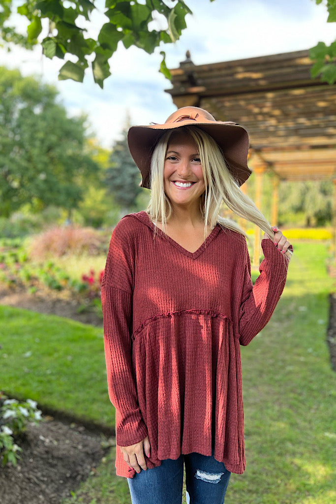 Burgundy Waffle Hooded Peplum Top-Weekend SALE