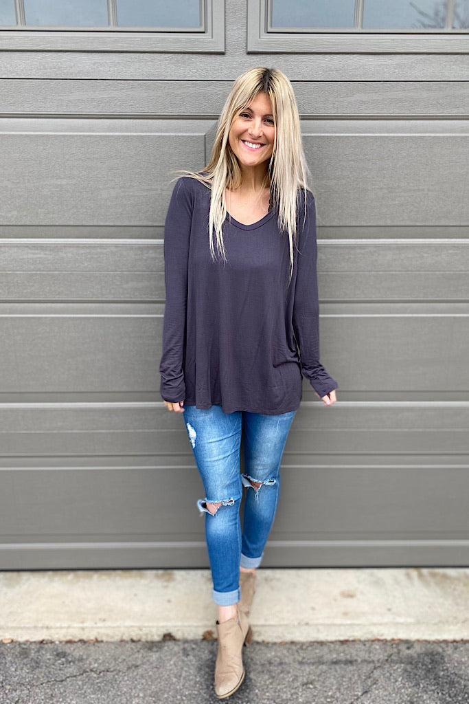 Classic Staple V Neck Long Sleeve Top-Coal Black