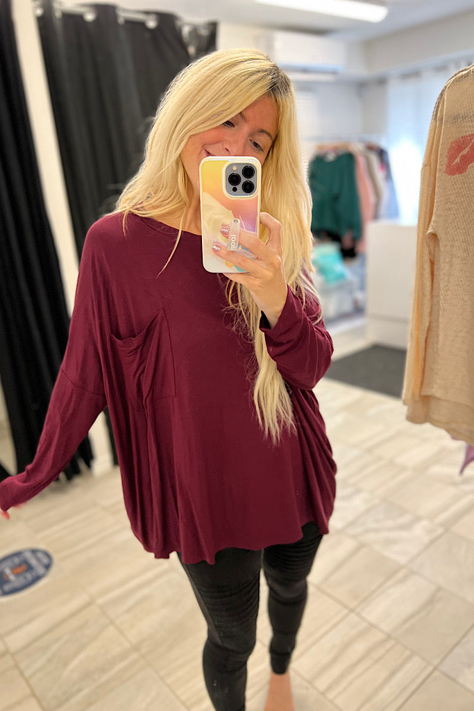 Cozy Boho Burgundy Pocket Top-SALE