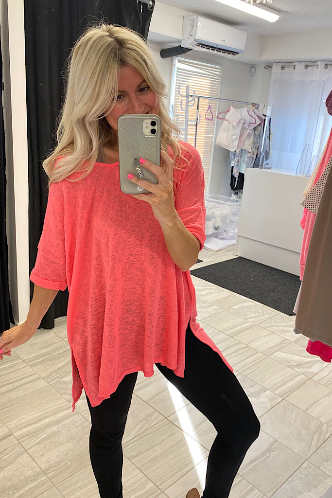 Neon Pink Boho V-Neck Side Slit Top