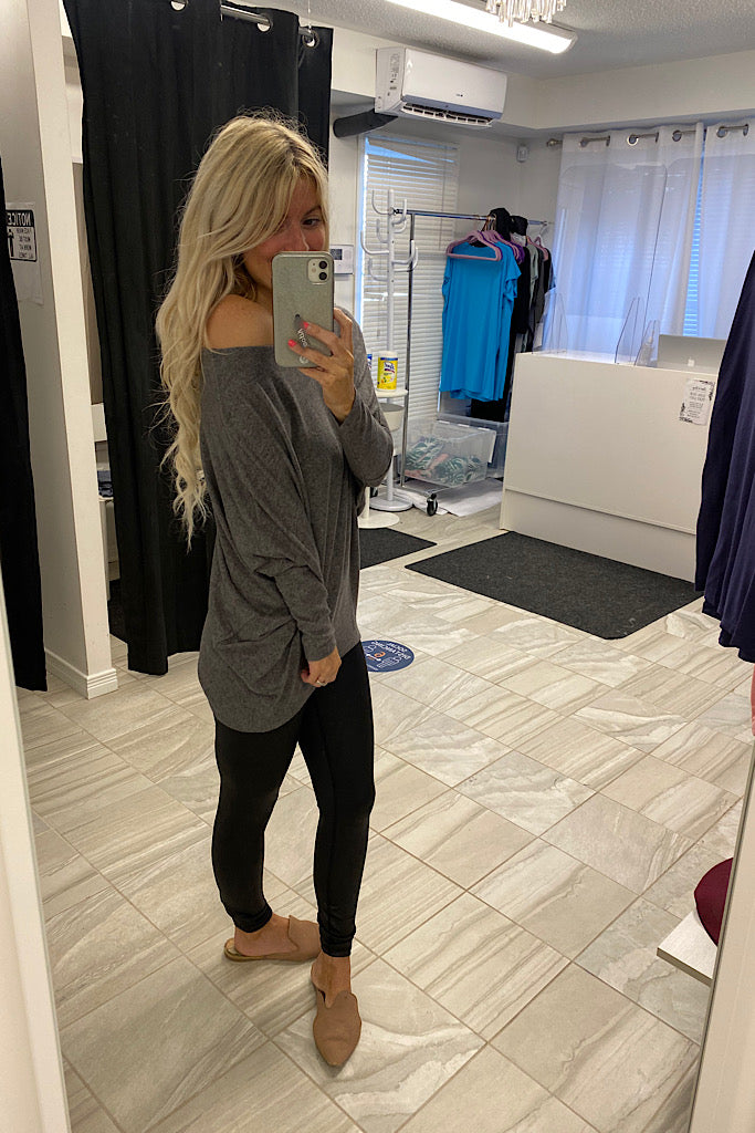 Charcoal Dolman Long Sleeves Brushed Knit Top