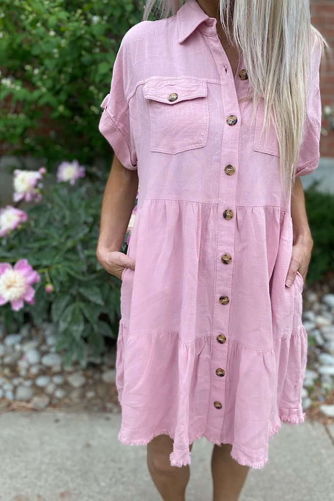 Short Sleeve Solid Woven Tiered Dress