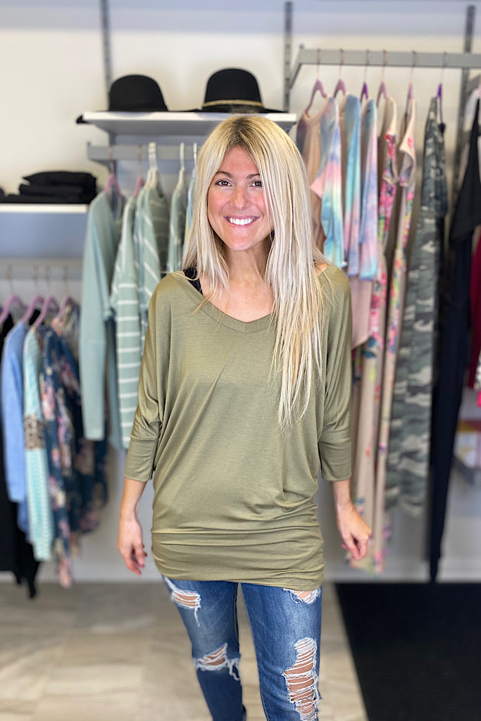 2 in 1 Style Olive V Neck Premium Dolman Sleeve Top