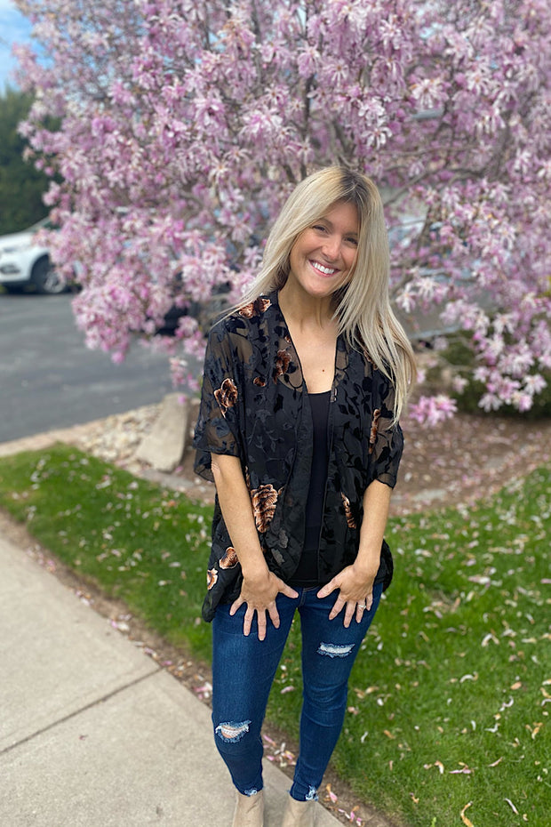 Black Floral Velvet Mix Kimono