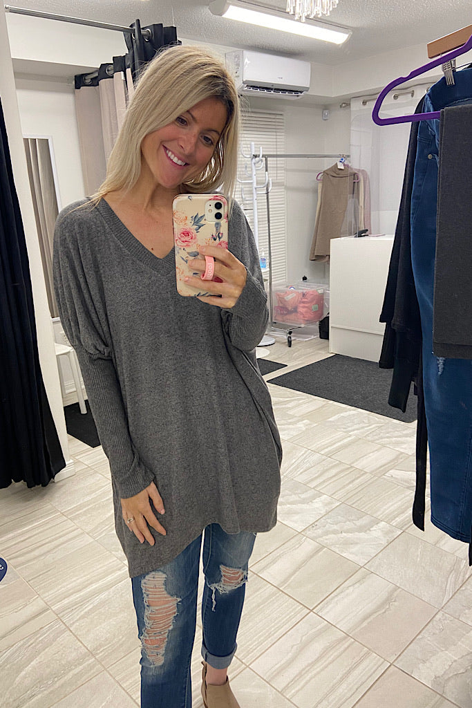 Pretty In Charcoal Soft V Neck Top