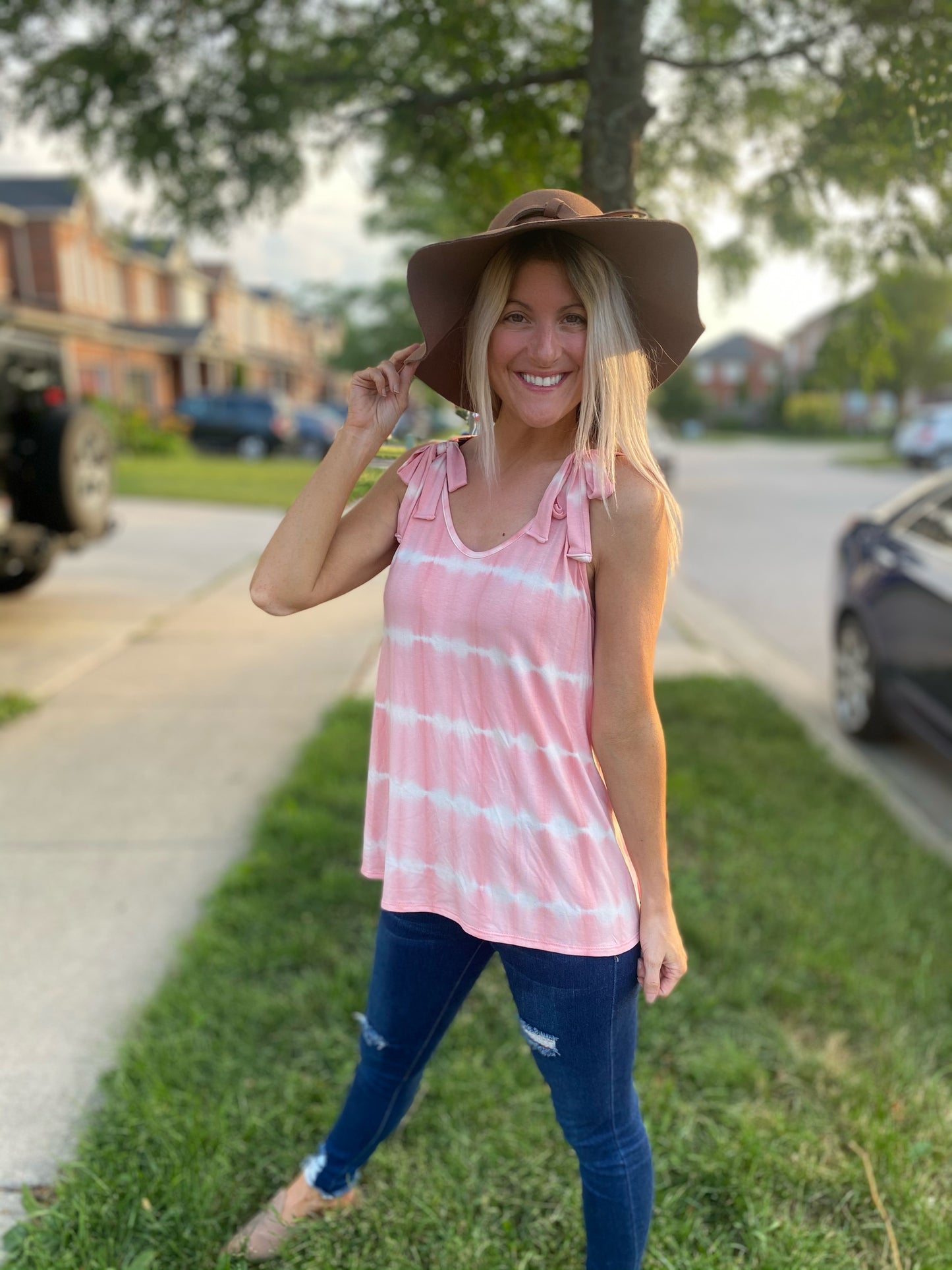 Blush Tie Dye Knot Shoulder Tank Top