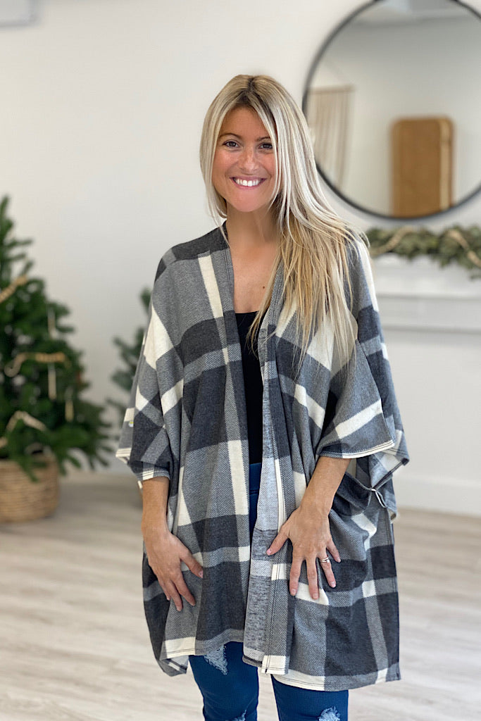 Charcoal Plaid Open Closure Cardigan