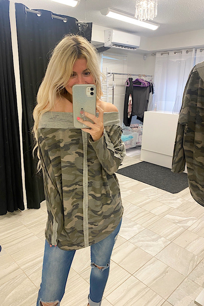 Olive Camo Off Shoulder Top