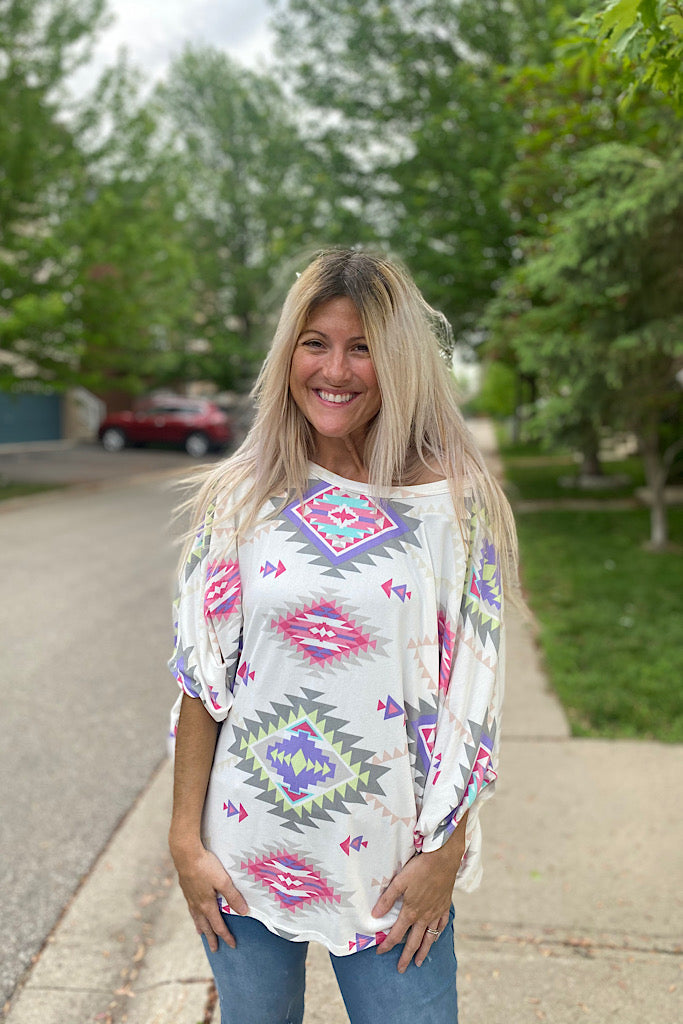 Soft Aztec Print Dolman Sleeve Top