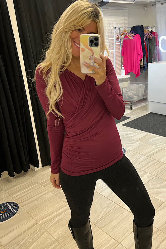 Pretty in Wine Surplice Ruched Long Sleeve Top