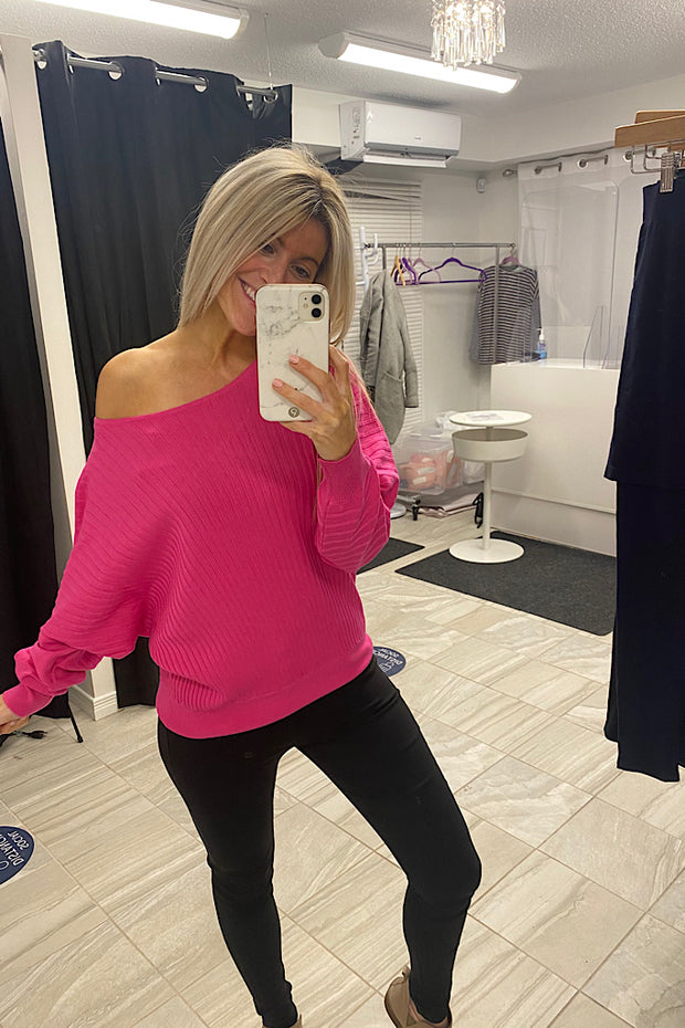 Hot Pink Boat Neck Ribbed Knit Sweater