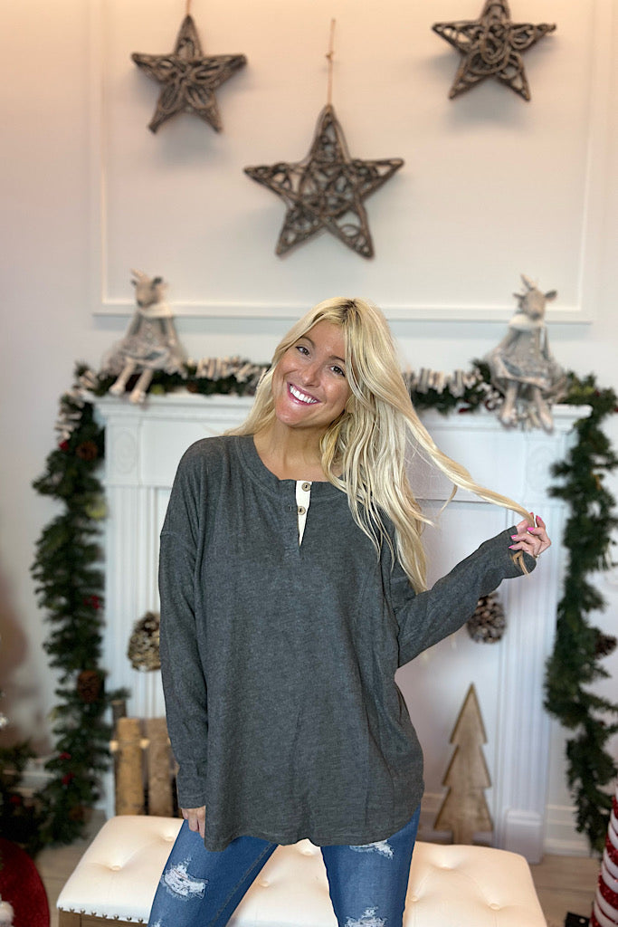 Soft Cozy Weekend In Half Button Top-SALE