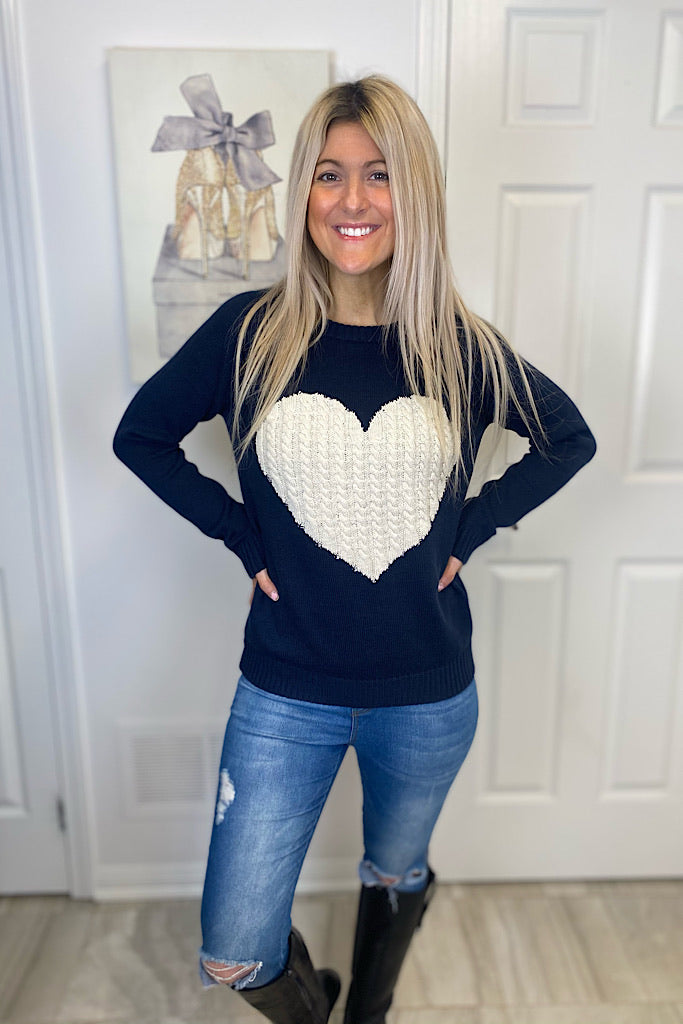 Kind Love Heart Rounded Neck Pullover Sweater-Navy/Ivory