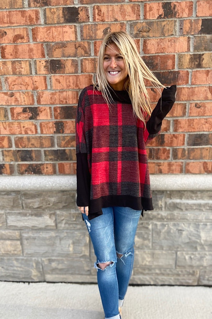 Red Plaid Boho Cowl Neck Top