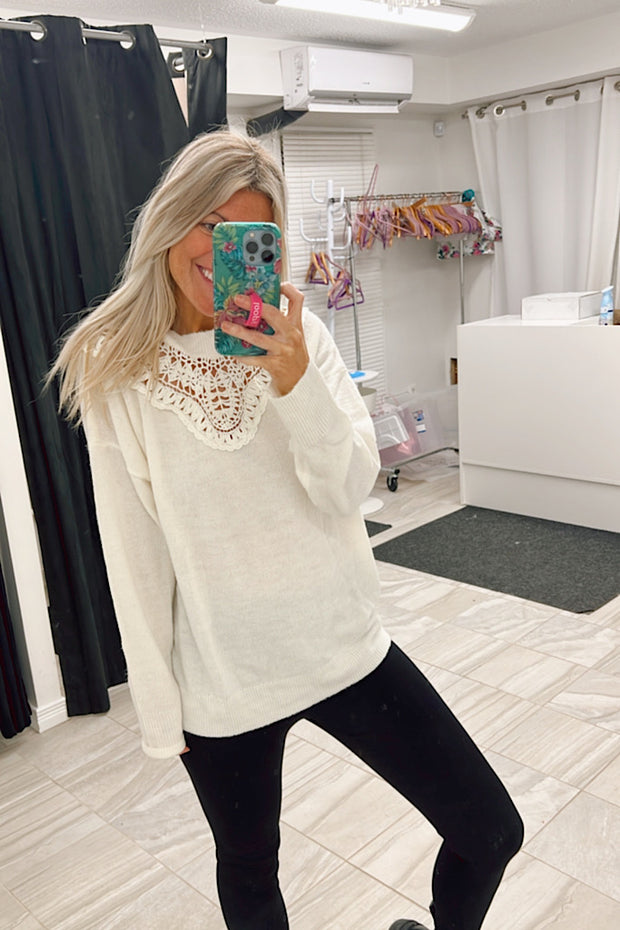 Crochet Lace Trim Pullover Sweater
