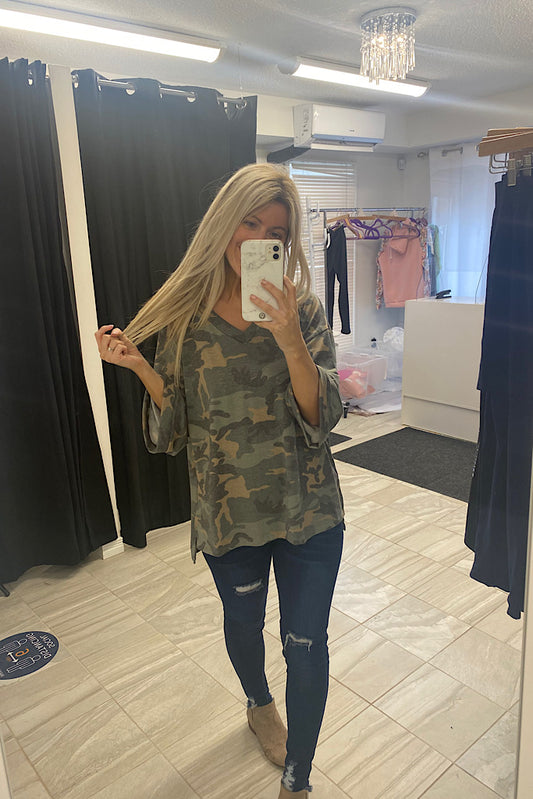 V Neck Camo Life Top