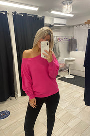 Hot Pink Boat Neck Ribbed Knit Sweater