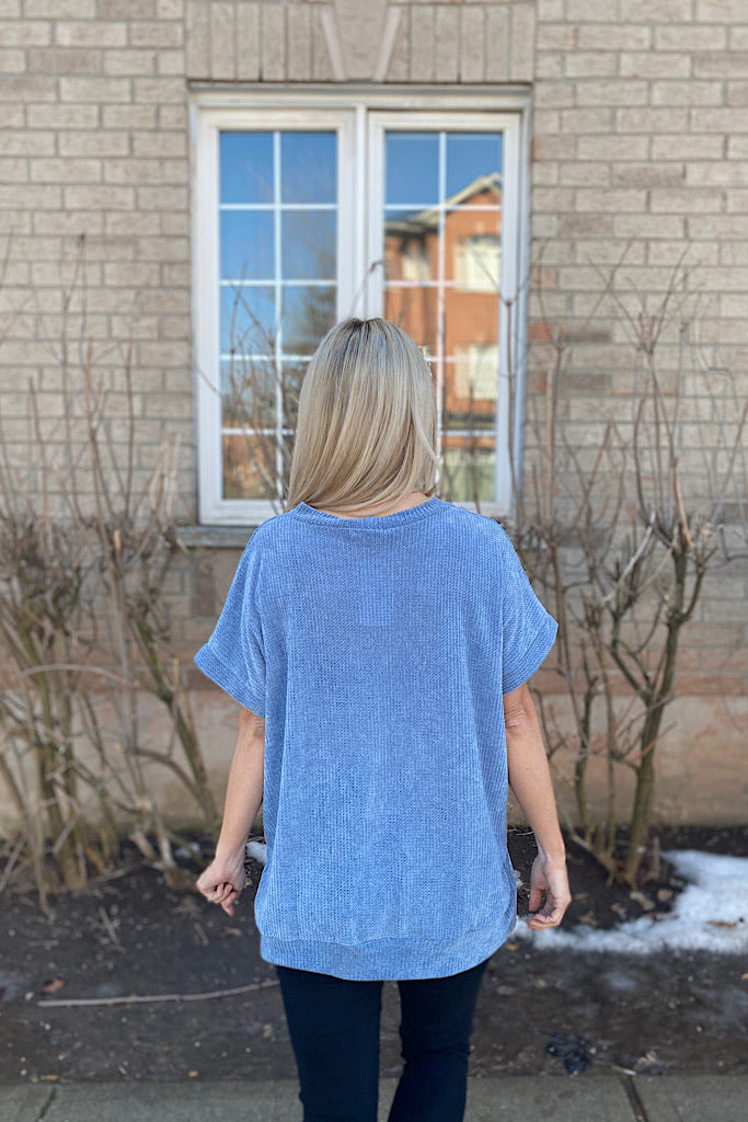 Chenille Ink Blue Short Sleeve Sweater