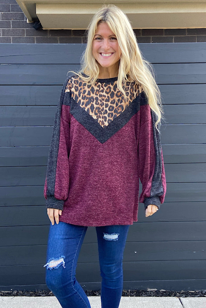 Burgundy Animal Print Colour Block Top