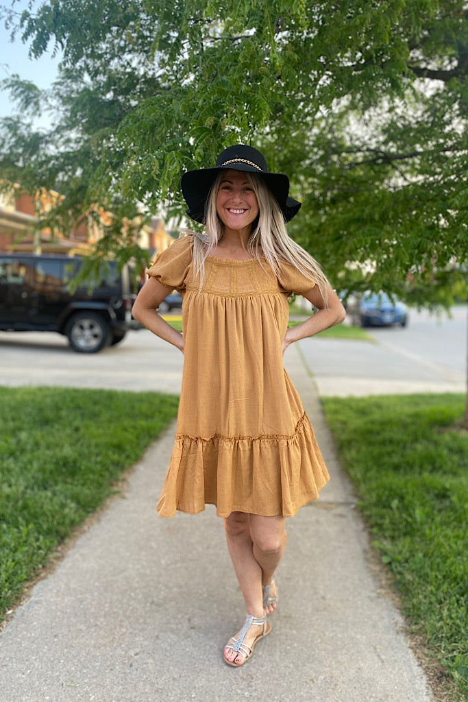 Elite Boho Earthen Gold Smocked Ruffle Dress-SALE