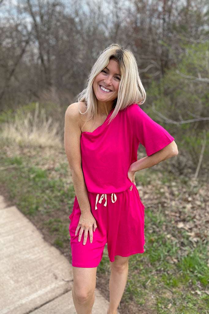 Fuchsia One Shoulder Drawstring Romper-Sale