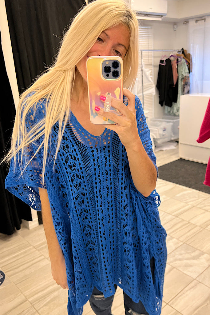 Blue Knitted Boho Cover Up Top