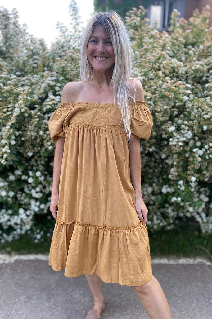 Elite Boho Earthen Gold Smocked Ruffle Dress-SALE