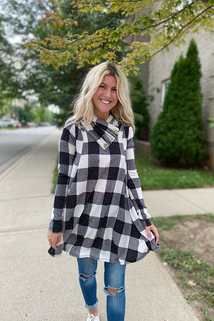 Fall Feels Checkered Cowl Neck Tunic