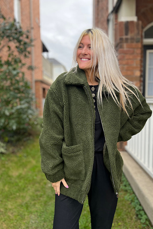 Tara Olive Oversized Shearling Jacket-SALE