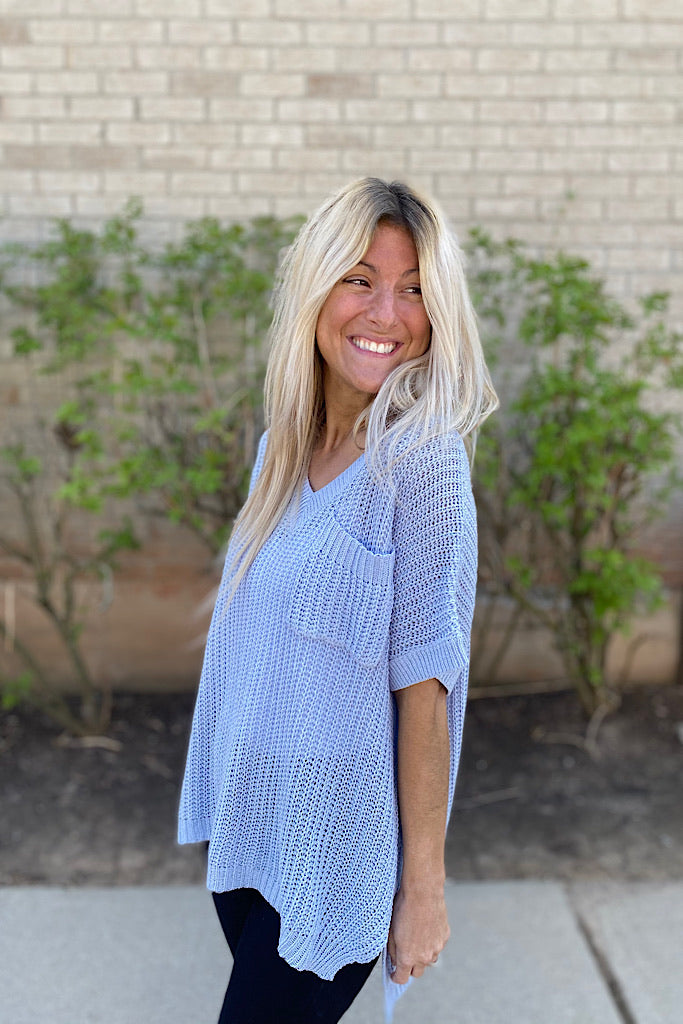 Ocean Blue Knit V Neck Summer Sweater