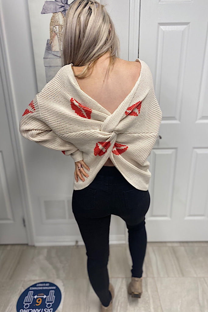 Twist Front And Back Lip Print Sweater