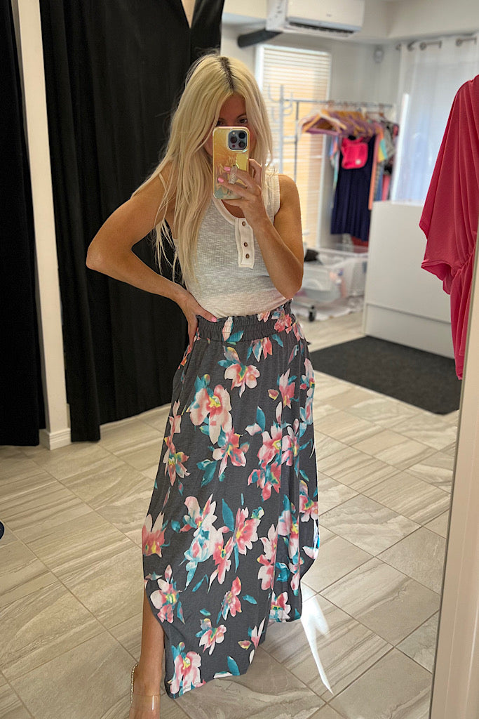 Navy Head Over Heels Floral Maxi Skirt