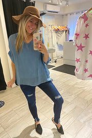 Italian Denim Blue Silk Satin Style Top