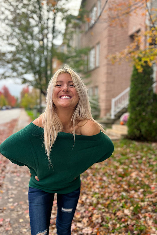 Hunter Green Luxe Ribbed Off The Shoulder Sweater