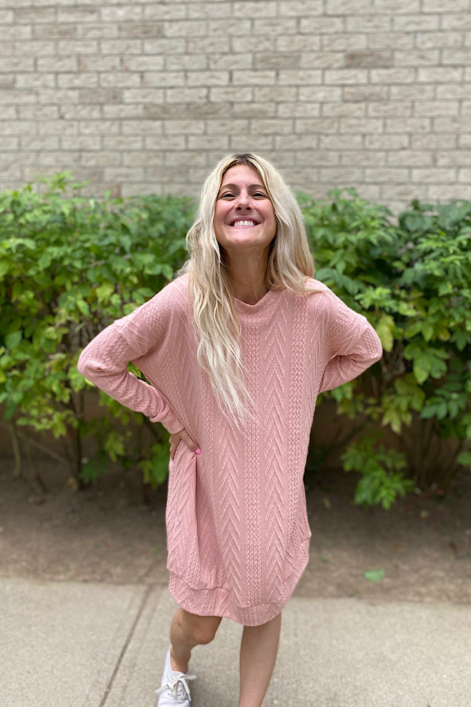 Making Me Blush Pink Cable Knit Shift Dress-SALE