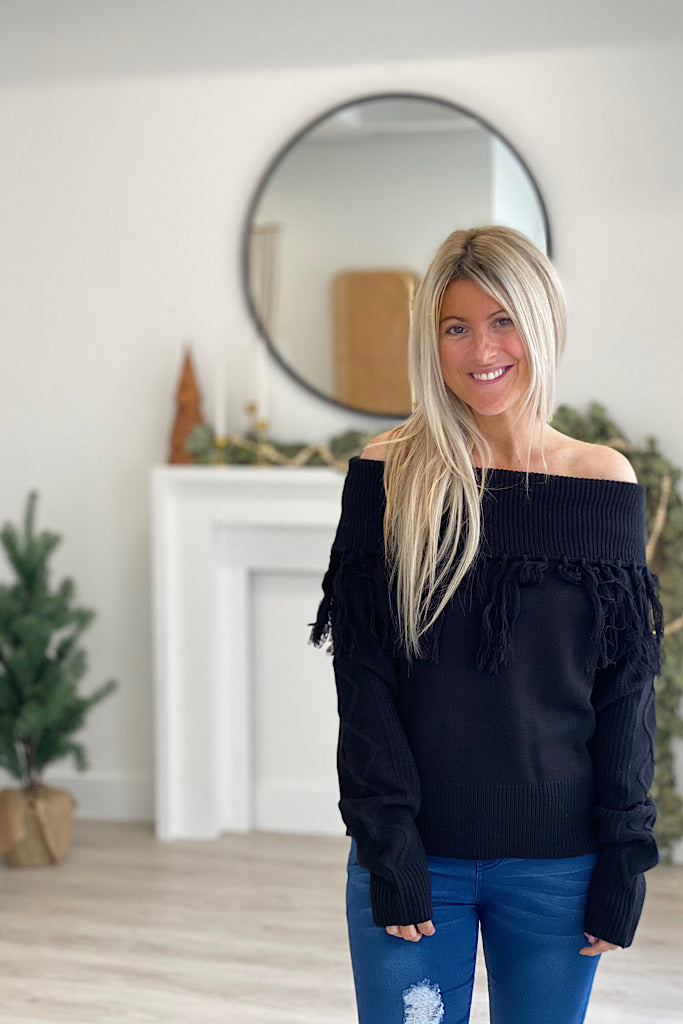 Black Off The Shoulder Fringe Sweater- Promo