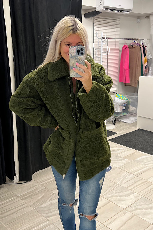 Tara Olive Oversized Shearling Jacket-SALE