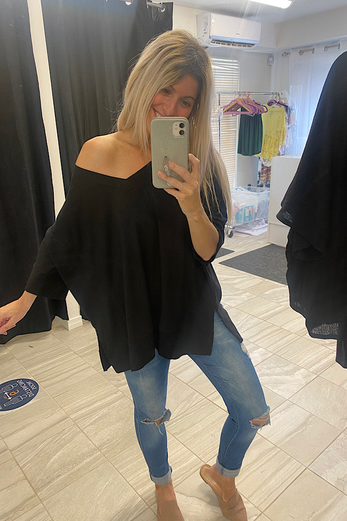 Pre Order Black Waffle V Neck Dolman Sleeve Top