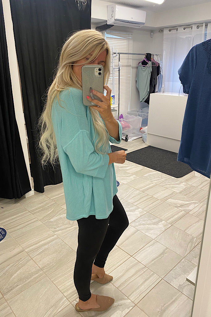 The Tia Aqua Raglan Style Contrast Brushed Knit Top