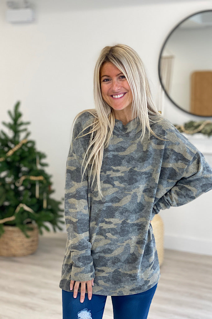 Soft Dreams Camo Green Round Neck Top-New Style
