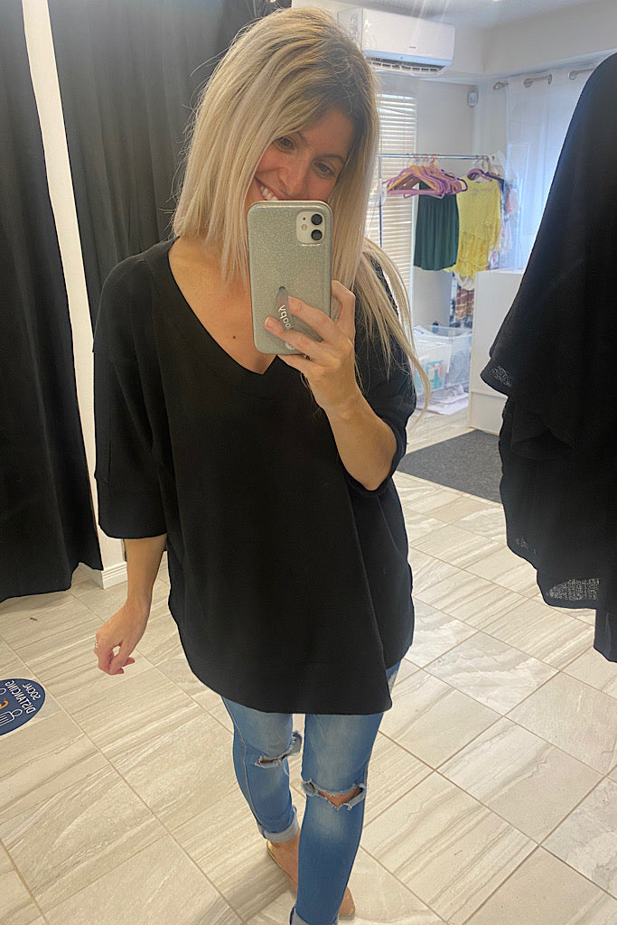 Pre Order Black Waffle V Neck Dolman Sleeve Top